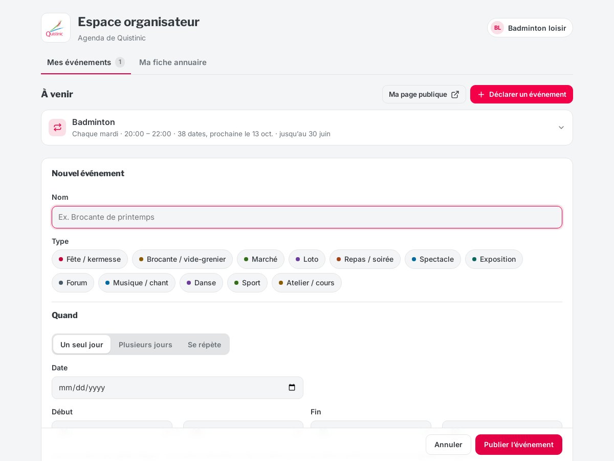 Le formulaire de déclaration d'un événement par une association.